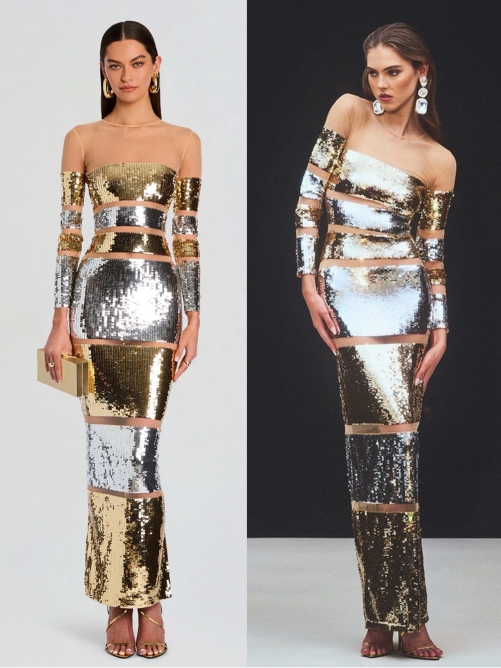 Retrofete Desi Gold Silver Stripe Sequin Maxi Dress NEW with tags